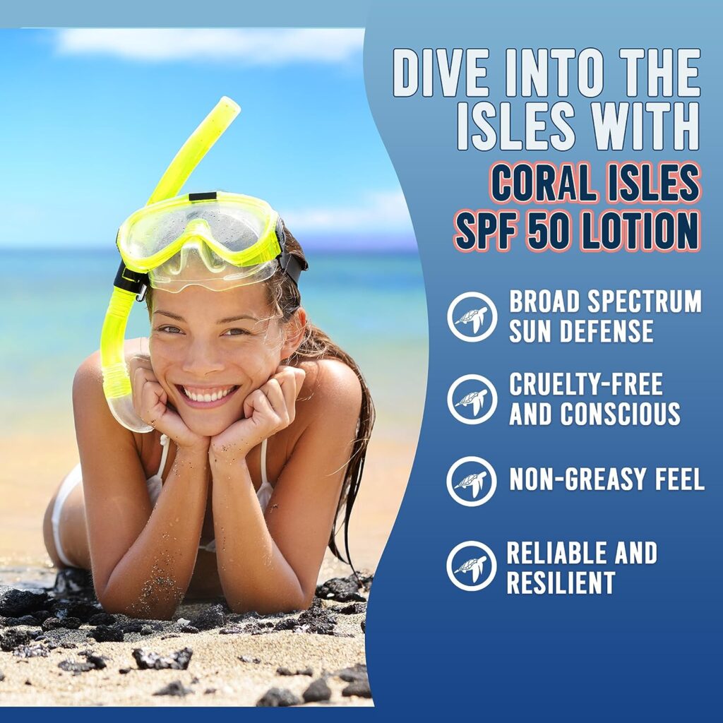 Coral Isles Reef Safe Sunscreen SPF 50 Lotion - Octinoxate  Oxybenzone Free - Hawaii Approved Sun Shield - Broad Spectrum UVA/UVB Protection - Waterproof, Odorless Skin Protector (6 Fl Oz)