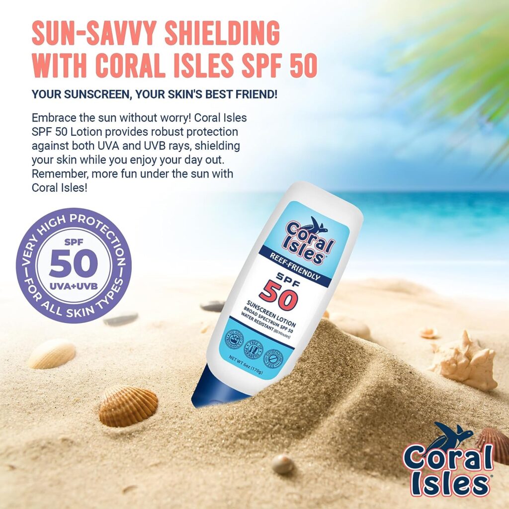 Coral Isles Reef Safe Sunscreen SPF 50 Lotion - Octinoxate  Oxybenzone Free - Hawaii Approved Sun Shield - Broad Spectrum UVA/UVB Protection - Waterproof, Odorless Skin Protector (6 Fl Oz)