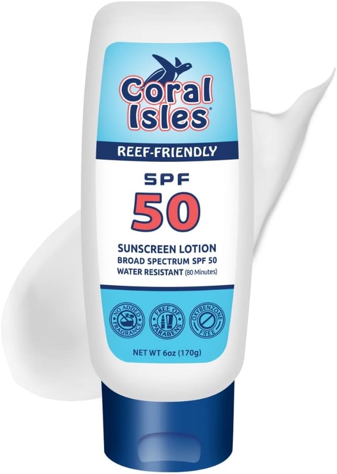 Coral Isles Reef Safe Sunscreen SPF 50 Lotion - Octinoxate  Oxybenzone Free - Hawaii Approved Sun Shield - Broad Spectrum UVA/UVB Protection - Waterproof, Odorless Skin Protector (6 Fl Oz)