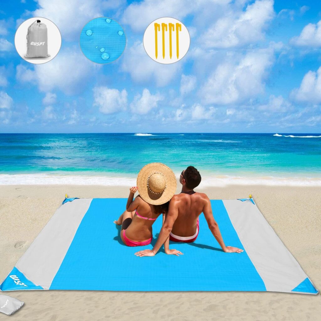 OUSPT Beach Blanket, Sand Free Picnic Outdoor Mat- 78.7x82.6 - Pocket Zippered Portable Waterproof Soft Fast Drying Oversize Blanket for 4-7 Persons Travel Camping Hiking (Blue)