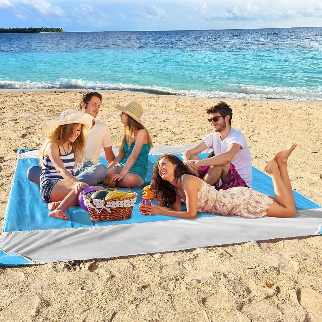 OUSPT Beach Blanket, Sand Free Picnic Outdoor Mat- 78.7x82.6 - Pocket Zippered Portable Waterproof Soft Fast Drying Oversize Blanket for 4-7 Persons Travel Camping Hiking (Blue)