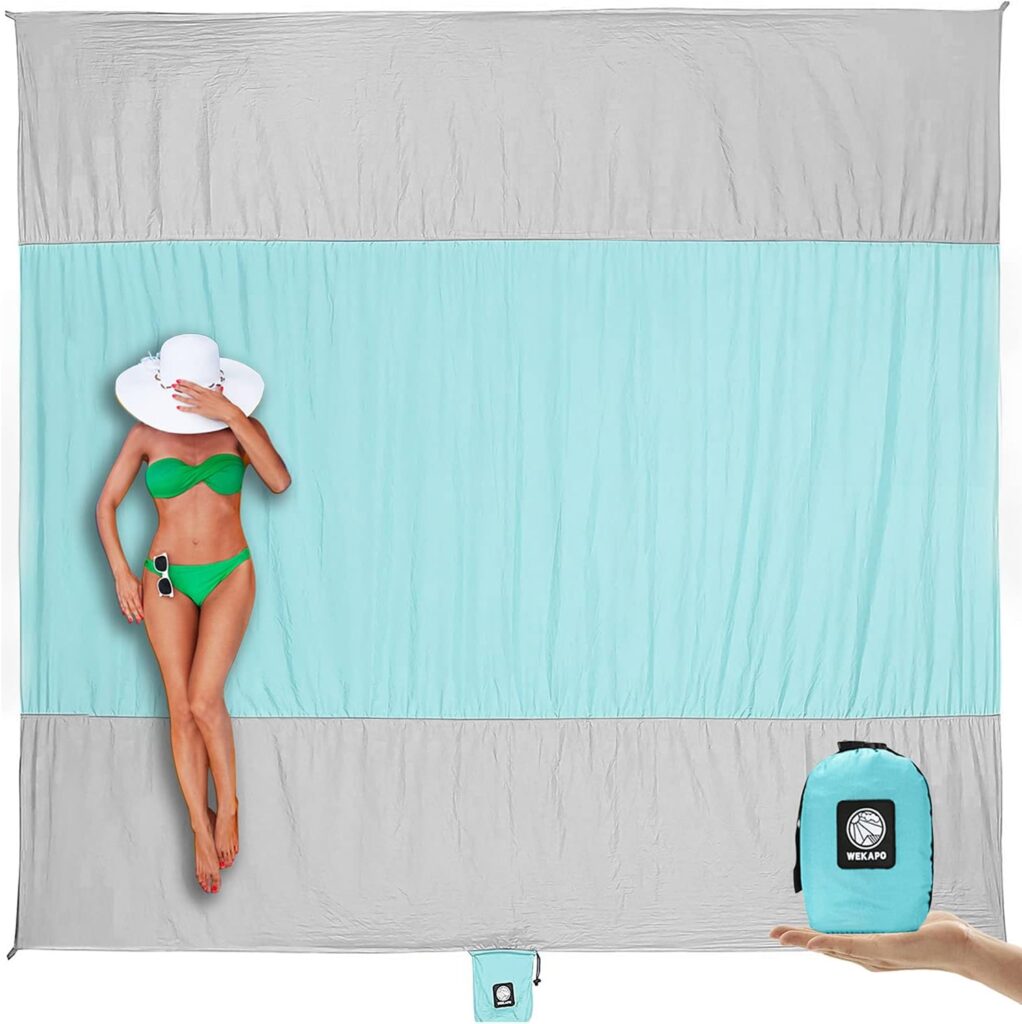 WEKAPO Beach Blanket Sandproof, Extra Large Beach Mat, Big  Compact Sand Free Mat Quick Drying, Lightweight  Durable with 6 Stakes  4 Corner Pockets