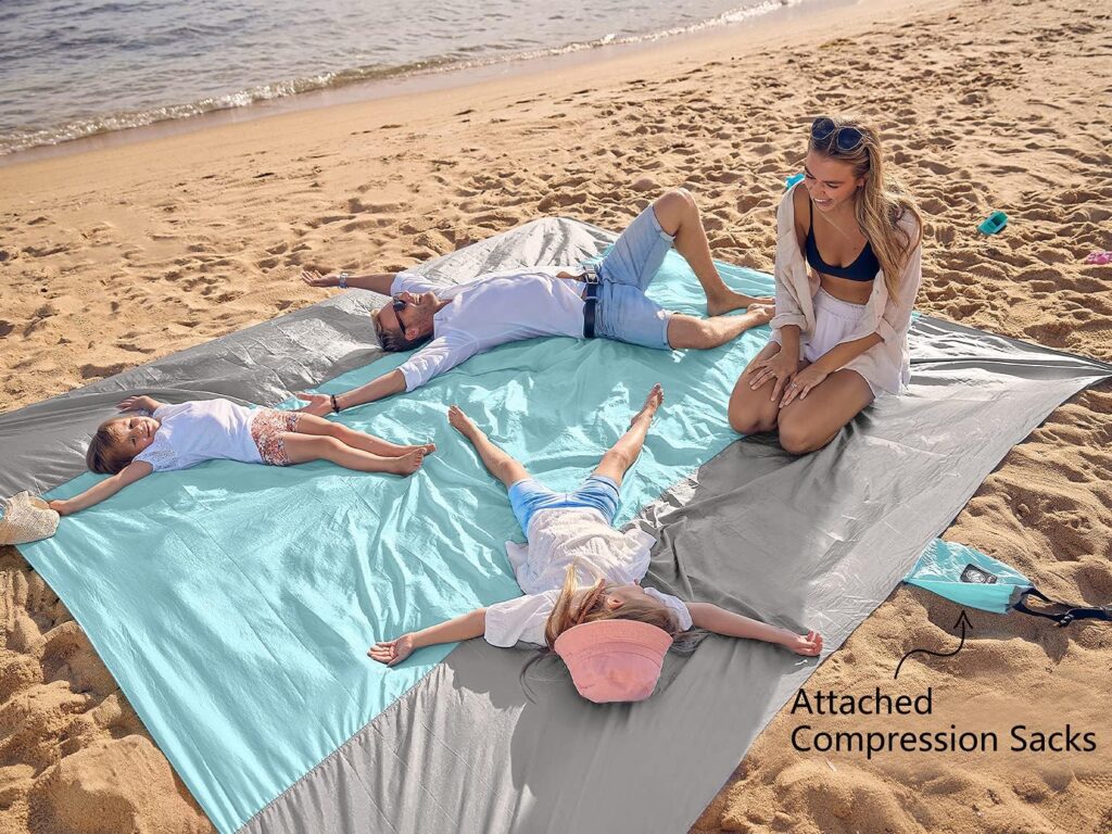 WEKAPO Beach Blanket Sandproof, Extra Large Beach Mat, Big  Compact Sand Free Mat Quick Drying, Lightweight  Durable with 6 Stakes  4 Corner Pockets